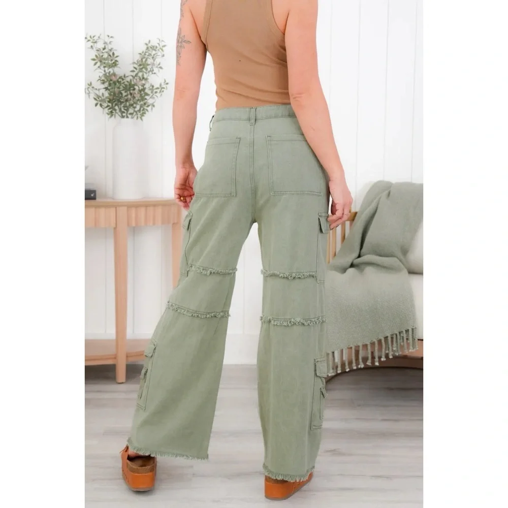 POL Faded Olive High Waist Straight Wide Leg Cargo Jeans - Picture 7 of 12